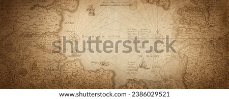 Old map collage background. A concept on the topic of sea voyages, discoveries, pirates, sailors, geography, travel and history. Pirate, travel and nautical background.  Royalty-Free Stock Photo #2386029521