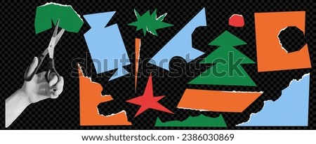 A pack of Christmas-themed paper cut-out elements. Hand in halftone effect with scissors. New Year handmade. Trendy vector illustration on transparent background as png