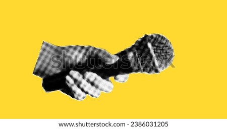 A hand holds a microphone. Collage element in halftone effect. Pop art illustration on bright yellow background. Vector png. 