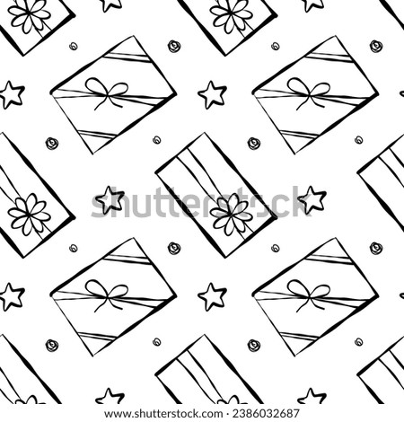 Seamless pattern different Christmas, birthday gifts. Stars and dots. Wrapping paper pattern, bows and ribbons. Hand drawn Doodle Christmas, New Year or Birthday gift boxes. Vector line. Top view.