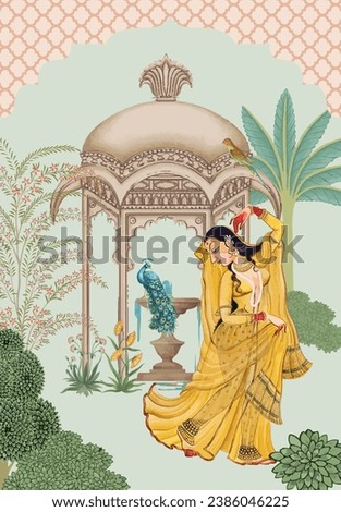 Mughal dancing woman in a garden with arch, peacock, bird and flower illustration Royalty-Free Stock Photo #2386046225