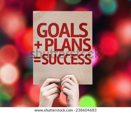 Goals + Plans = Success card with colorful background with defocused lights