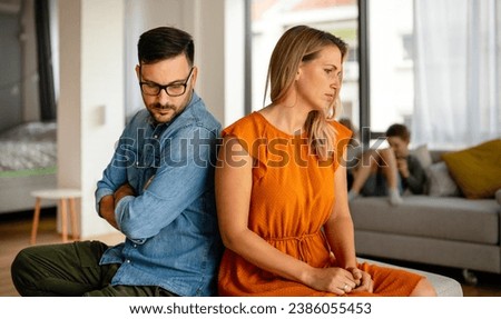 Unhappy couple having argument at home. Family, problem, quarell people concept. Royalty-Free Stock Photo #2386055453
