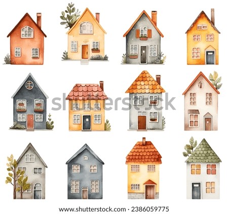 Set of watercolor scandinavian houses clipart. Trendy scandi vector houses. Cute childish european buildings. 