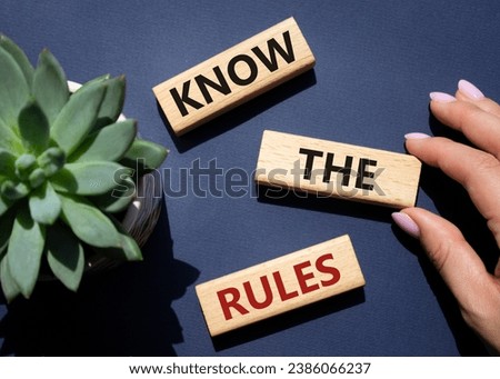 Know the rules symbol. Wooden blocks with words Know the rules. Beautiful deep blue background with succulent plant. Businessman hand. Business and Know the rules concept. Copy space.