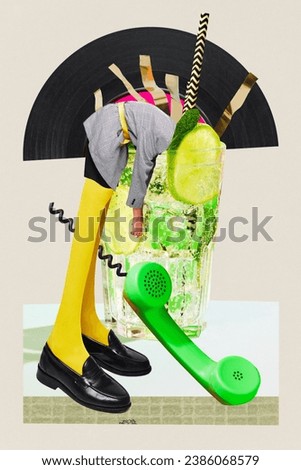 Poster. Contemporary art collage. Modern creative artwork. Bizarre and vibrant dressed woman in glass of mojito decorated vintage objects. Concept of party, traditional drinks, alcohol, taste, pop art
