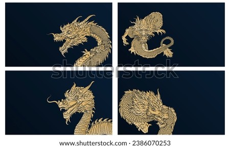 Template of dark blue banners with various golden traditional Chinese dragons and place for text. Empty minimalist wallpapers in asian style with lunar new year 2024 horoscope sign