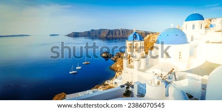 white church belfry and volcano caldera with sea landscape, beautiful details of Santorini island, Greece, web banner