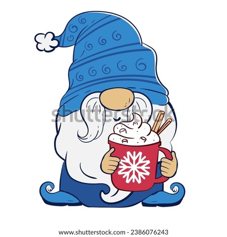 Christmas gnome holding a cup of hot chocolate with marshmallow whipped cream and cinnamon. Vector illustration of cartoon dwarf character. Royalty-Free Stock Photo #2386076243