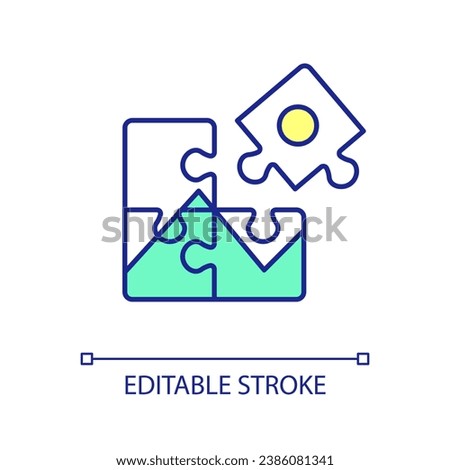 Jigsaw puzzle assembling RGB color icon. Brain teaser game. Intellect development and entertainment. Isolated vector illustration. Simple filled line drawing. Editable stroke. Arial font used