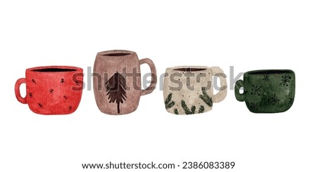 Watercolor cozy winter cups. Hand drawn colorful mugs with drinks isolated on white background. Seasonal illustration of nice cups with christmas tree and snowflakes.
