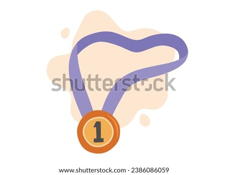 Cute golden award medal with ribbons for winners isolated on white background flat color cartoon style.