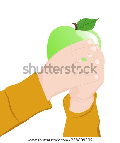 Child's hands carefully hold big green apple, vector illustration
