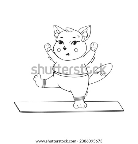 Cute fat cat doing yoga, one leg stand. Yoga for everyone. Character design, cat yoga or mascot, stickers.