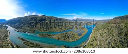 Panoramic aerial view above the beautiful Turquoise lakes of Norway