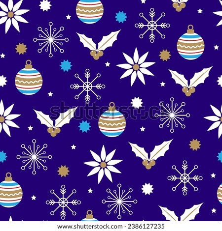 christmas seamless pattern with star, bauble, holly berry and snowflakes on blue background suitable for christmas gift wrap, cover, fabric, background and others