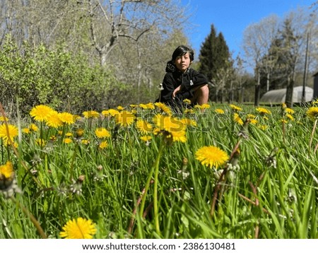 Yellow Dandelion flowers growing in the middle of the garden with an attentive lhappy ittle boy kid in the background looking at them