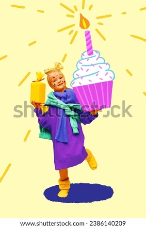 Poster. Contemporary art collage. Modern creative artwork. Cute little girl, holding huge cupcake with cream, burning candle and big sweet candy. Concept of Happy birthday, celebration, party.