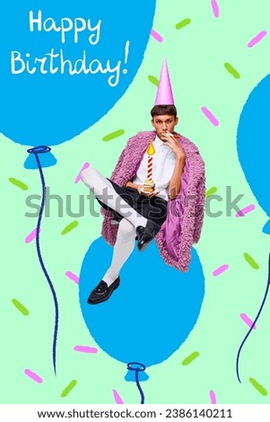Poster. Contemporary art collage. Modern creative artwork. Weird boy, wearing in fashion outfit in party hat behind sitting on balloon with little cake. Concept of Happy birthday, celebration, party.