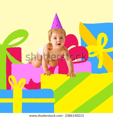 Poster. Contemporary art collage. Modern creative artwork. Cute little kid in party hat crawling on big bright presents, gifts. Concept of Happy birthday, celebration, party, happiness and joy.