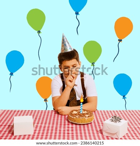 Poster. Contemporary art collage. Modern creative artwork. Little boring boy in a party hat sitting at the table with cake behind. Concept of Happy birthday, celebration, party, happiness and joy.