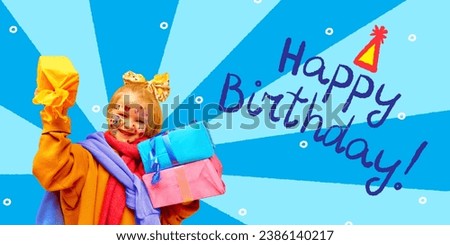 Poster. Contemporary art collage. Modern creative artwork. Cute little girl, holding big sweet candy and presents. Concept of Happy birthday, celebration, party, happiness and joy.