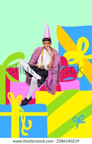 Poster. Contemporary art collage. Modern creative artwork. Weird boy, wearing in fashion outfit in party hat sitting with little cake on huge presents. Concept of Happy birthday, celebration, party.