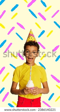 Poster. Contemporary art collage. Modern creative artwork. Little boy holding small cupcake with cream and candle going to blow it out. Concept of Happy birthday, celebration, party, .