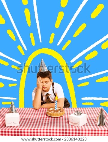 Poster. Contemporary art collage. Modern creative artwork. Little boy in a party hat behind sitting at the table of cake and boring. Concept of Happy birthday, celebration, party, happiness and joy.