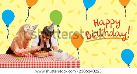 Poster. Contemporary art collage. Little boy and girl in a party hats stands near table with cake over creative background with inscription. Concept of Happy birthday, celebration, party, happiness.