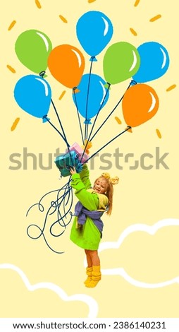 Poster. Contemporary art collage. Modern creative artwork. Happy little girl flies with presents on on bunch of drawn balloons. Concept of Happy birthday, celebration, party, happiness and joy.