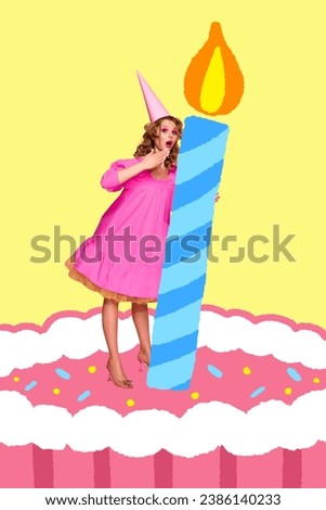 Poster. Contemporary art collage. Young pretty woman in party hat stands like doll on huge bright cake and holds drawn candle. Concept of Happy birthday, celebration, party, happiness and joy.