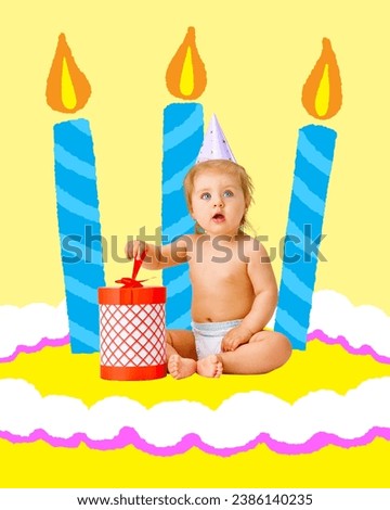 Poster. Contemporary art collage. Modern creative artwork. Cute little kid in party hat sitting on huge bright cake and unpacking present. Concept of Happy birthday, celebration, party, happiness, joy