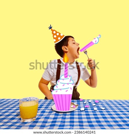 Poster. Contemporary art collage. Modern creative artwork. Little boy in party hat sitting at table and eating big delicious cake. Concept of Happy birthday, celebration, party, happiness and joy.