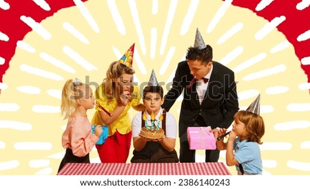 Poster. Contemporary art collage. Modern creative artwork. Little boy's family congratulates him on his birthday but he is unhappy. Concept of Happy birthday, celebration, party