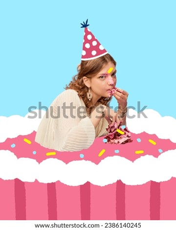 Poster. Contemporary art collage. Modern creative artwork. Girl in party hat sitting in delicious sweet cake and eating it. Concept of Happy birthday, celebration, party, happiness and joy.