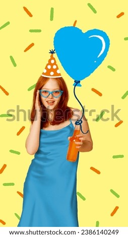Poster. Contemporary art collage. Modern creative artwork. Playful girl, wearing in fashion dress in party hat holding balloon in shape of heart. Concept of Happy birthday, celebration, party