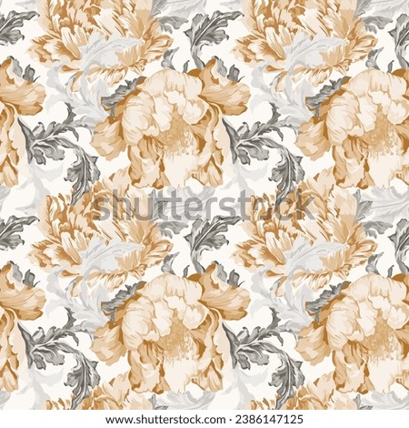 Seamless pattern  rose flowers and grey leaves on white background, watercolor rose floral pattern.	