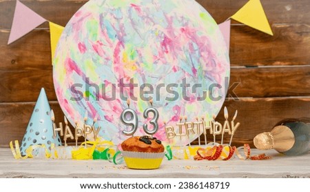 Date of Birth  93. Happy birthday candles. Pie with burning candles. Congratulation postcard. Anniversary. Festive muffin with decorations. Copy space. Royalty-Free Stock Photo #2386148719
