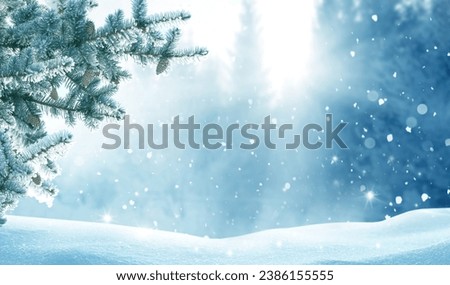 Beautiful winter landscape with snow covered trees.Merry Christmas and happy New Year greeting background with copy-space. 