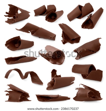 Many chocolate curls isolated on white, collection Royalty-Free Stock Photo #2386170237