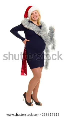 pregnant woman woman in santa hat on white isolated