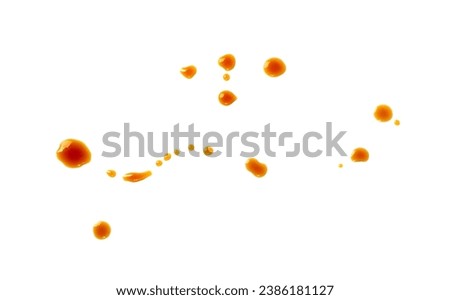 Spilled Soy Sause Isolated, Teriyaki Drops, Oyster Sauce, Balsamic Vinegar Puddles on White Background Top View Royalty-Free Stock Photo #2386181127