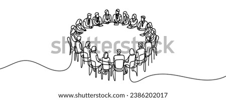 group of people sitting in a circle for a discussion or meeting drawn by one line. Vector illustration Royalty-Free Stock Photo #2386202017