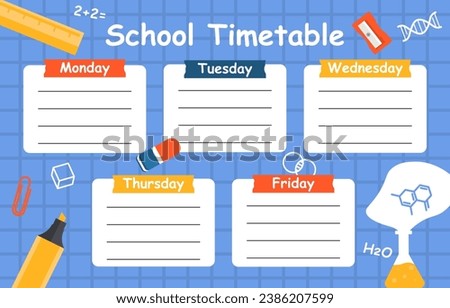School timetable concept. Time management and organixation of efficient study process. Education, learning and training. List of lessons for schoolers. Cartoon flat vector illustration