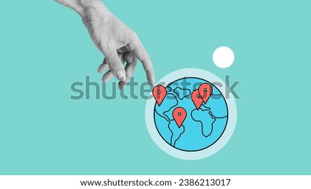 Collage with hand pointing to the world, pin on world map. Where to travel in the world. Choosing a destination. Choosing which continent to travel to. Traveling the world