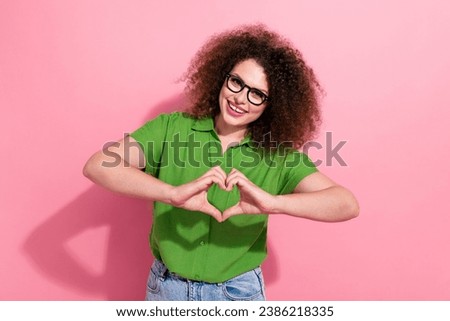 Photo of cute lovely girlfriend wear trendy green clothes two arms making heart shape isolated on pink color background