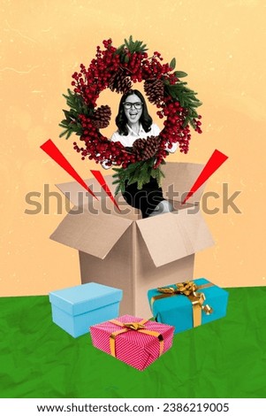 Vertical collage picture of excited black white colors girl hold christmas wreath inside carton box giftbox isolated on beige paper background