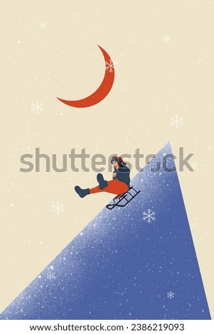 Vertical collage picture of overjoyed girl ride sledge down hill rejoice moonlight snowfall isolated on drawing background