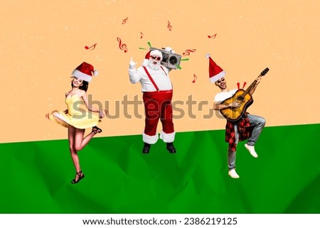 Artwork collage picture of overjoyed santa cheerful people dance listen music boombox play guitar enjoy new year x-mas event